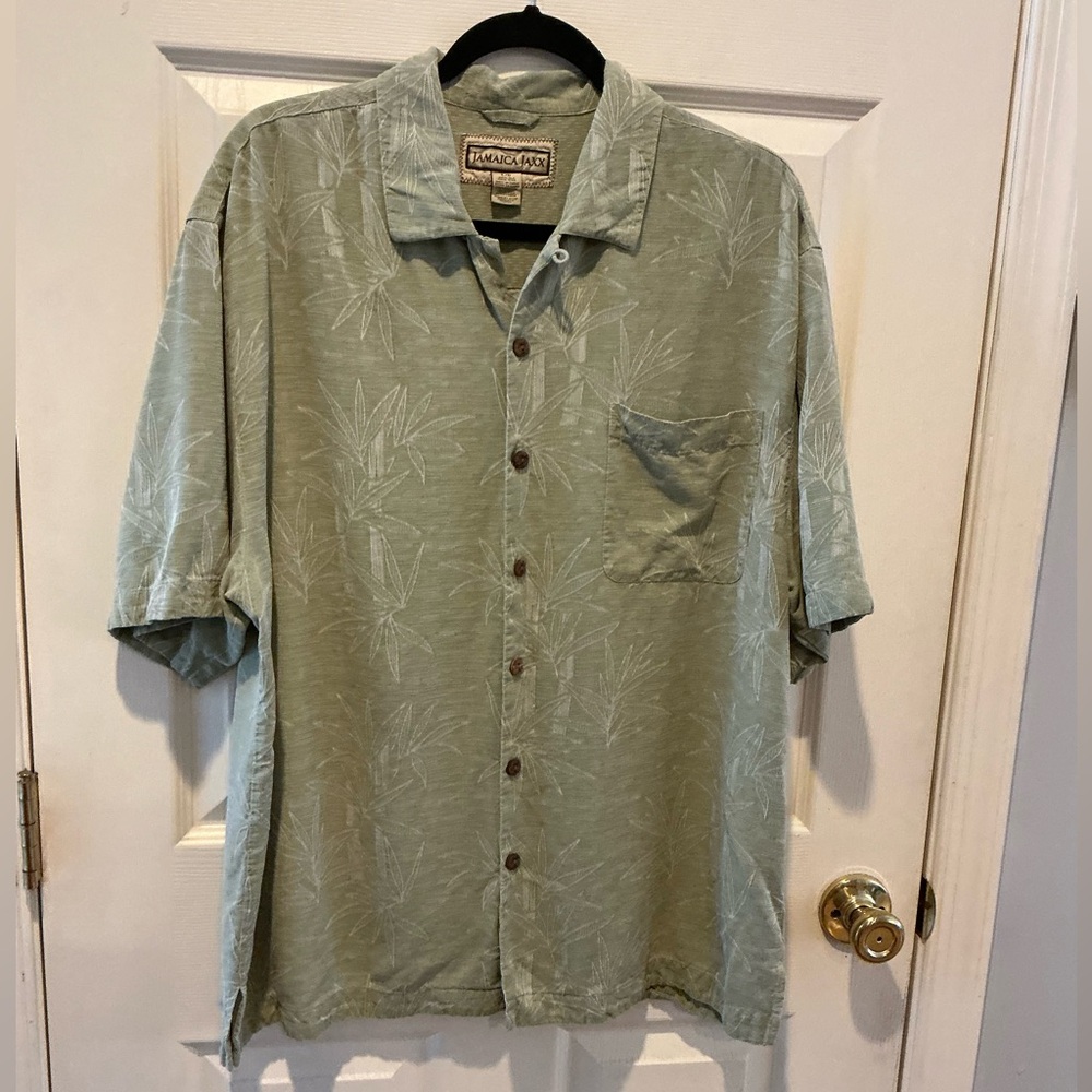 Jamaica Jaxx Silk Sage Palm Bamboo Print Men's Shirt Size Large Coconut Buttons